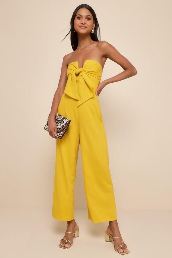 Sunshine Aura Mustard Yellow Tie-Front Strapless Jumpsuit Product Image