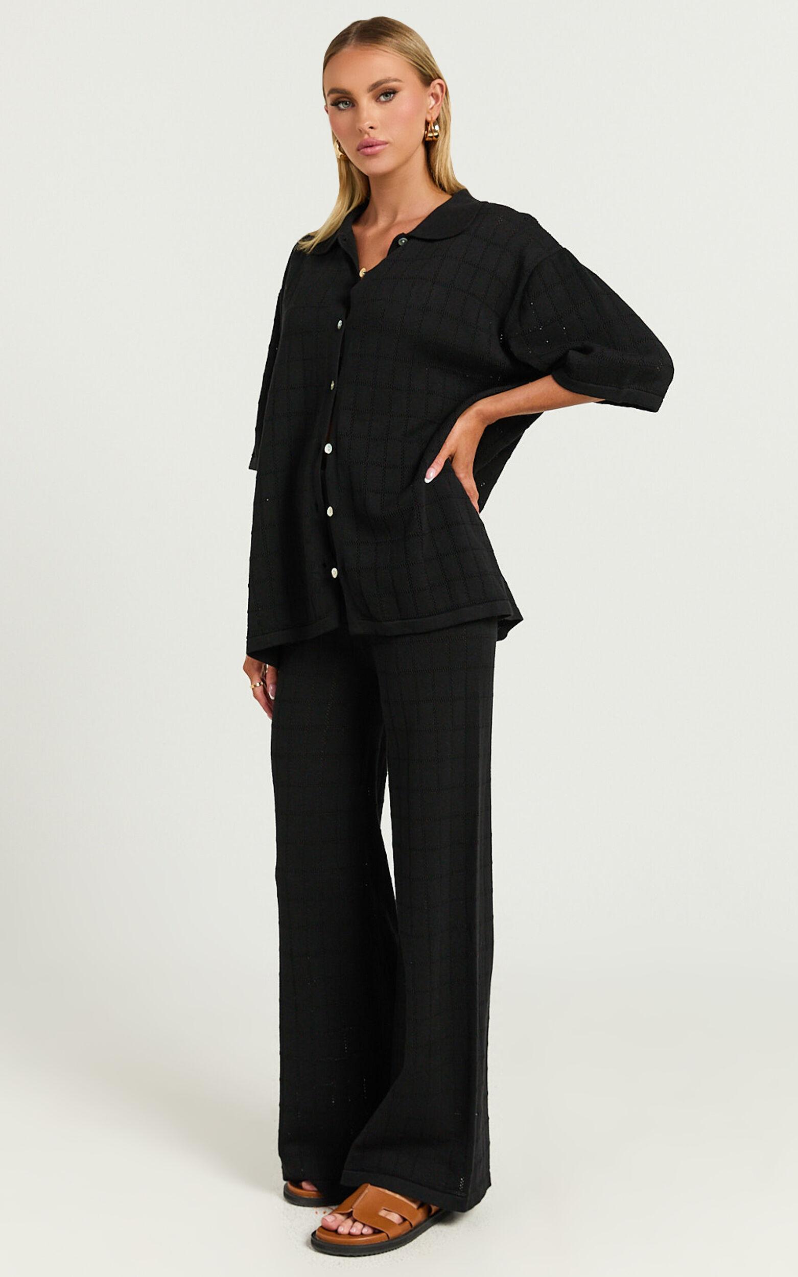 Tommy Two Piece Set - Knit Button Through Top and Pants Two Piece Set in Black Product Image