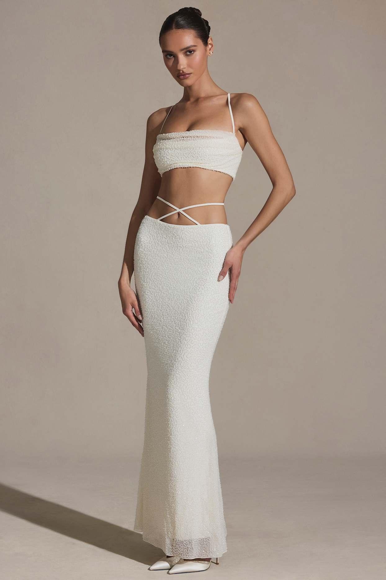 Embellished Strappy Maxi Skirt in White Product Image