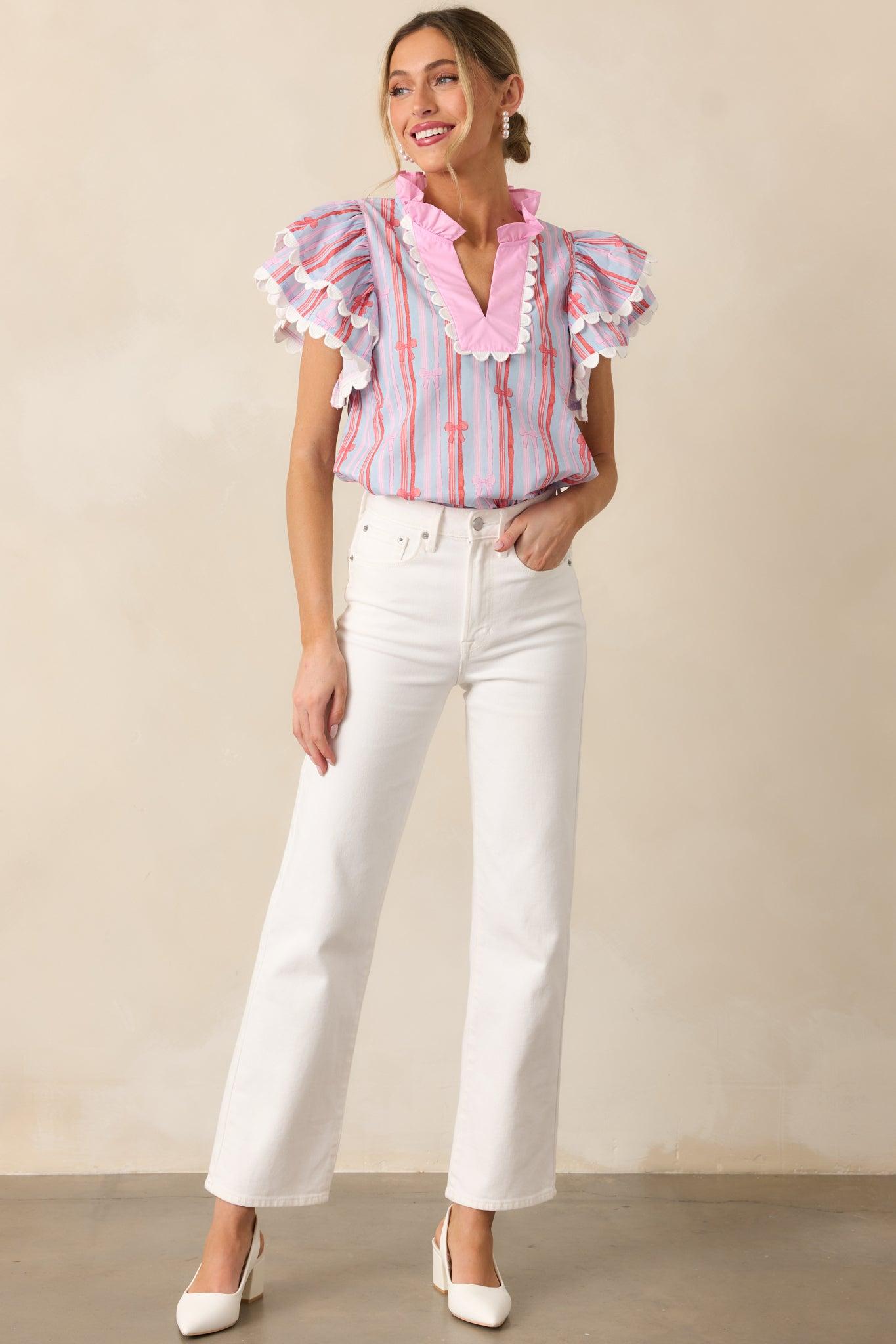 Truly Yours Cotton Light Blue Flutter Sleeve Blouse Product Image