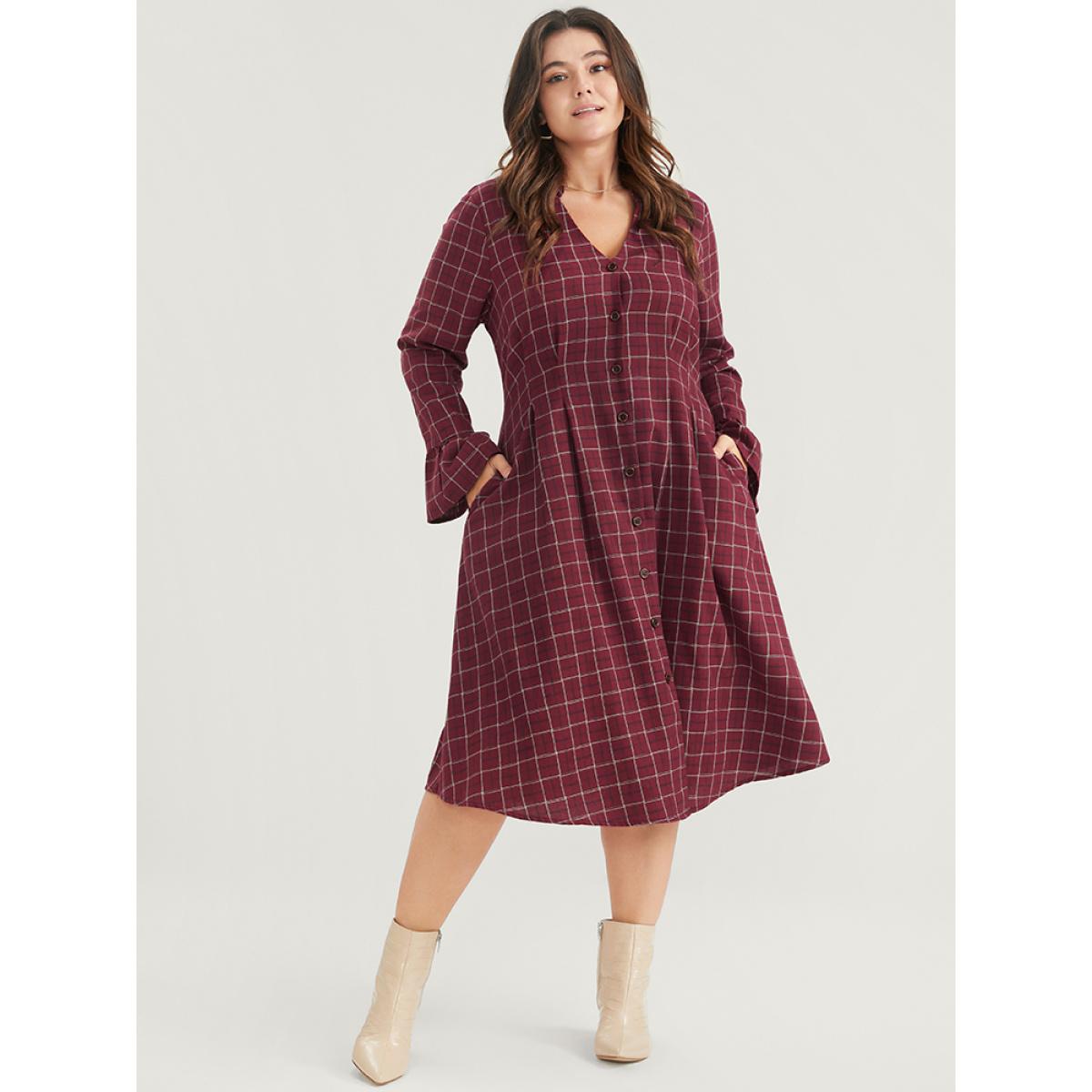 Plus Size Gingham Pocket Button Up Bell Sleeve V Neck Dress Without Belt Russet Women Office Button V-neck Long Sleeve Curvy Midi Dress BloomChic 30/6X Product Image