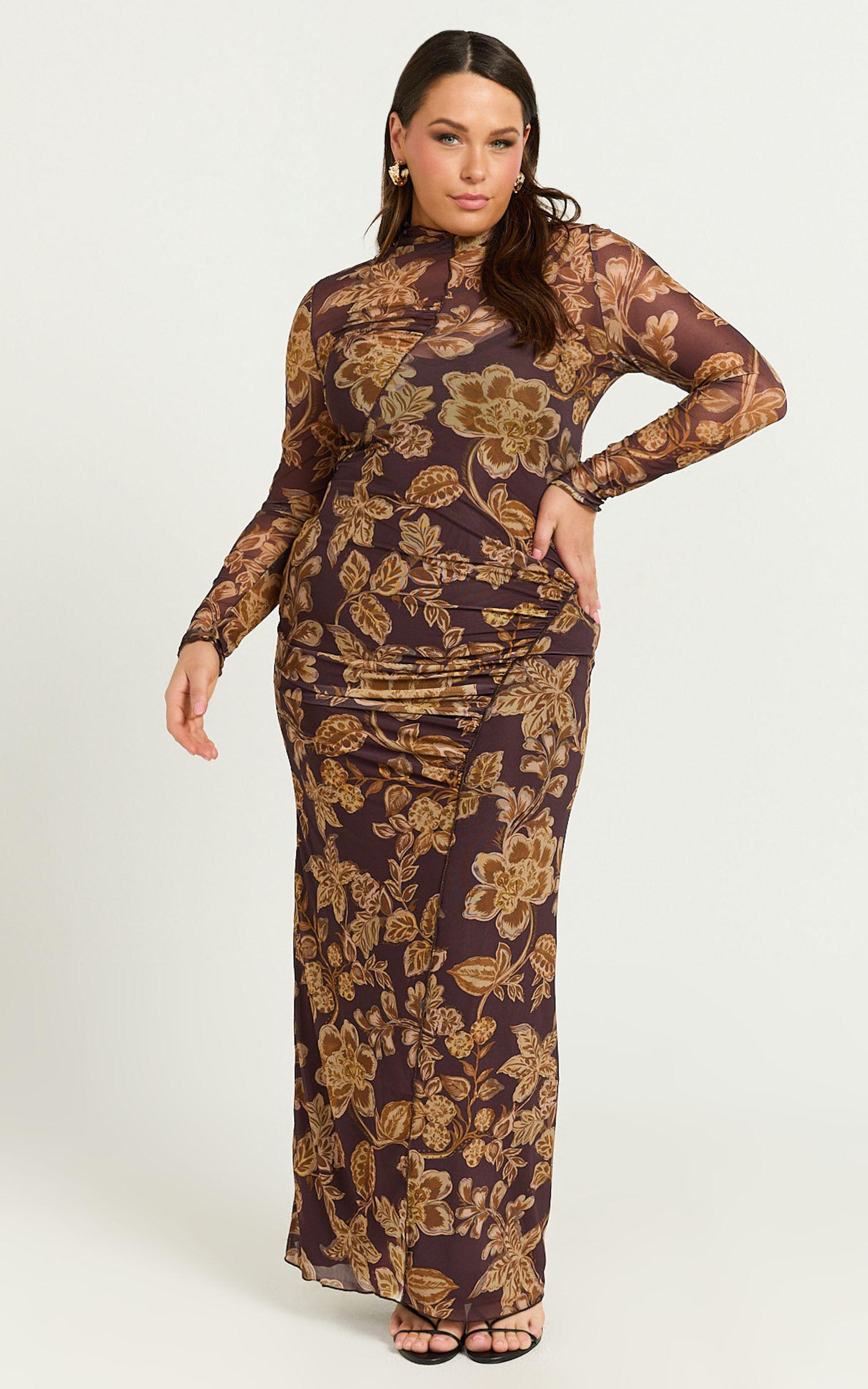 Vivian Midi Dress - High Neck Long Sleeve Mesh Dress in Amber Bloom Print Product Image