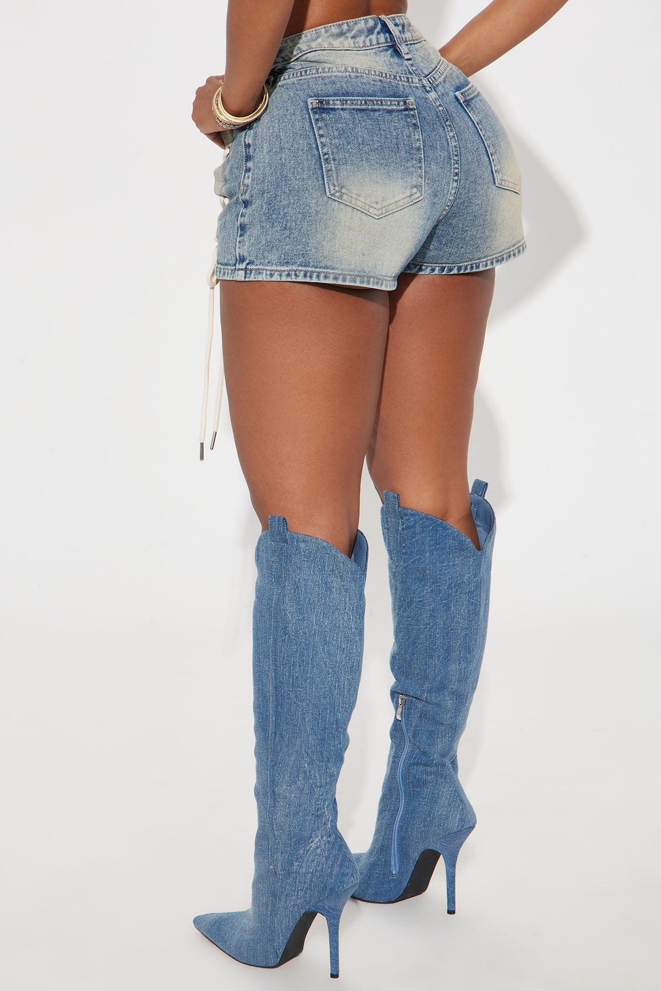 Reaching New Levels Lace Up Denim Shorts - Vintage Wash Product Image