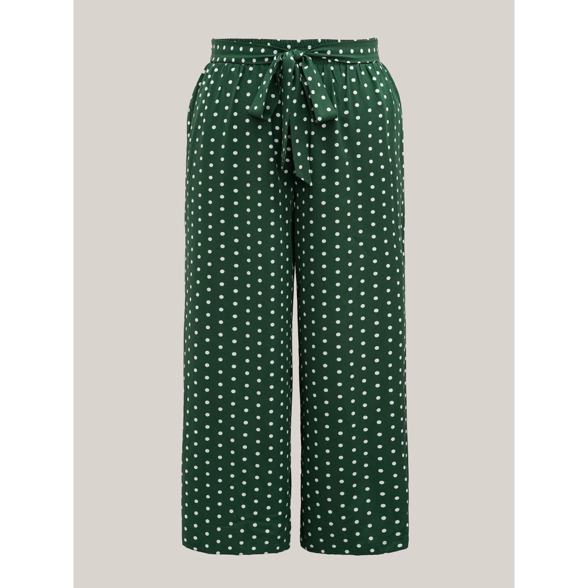 Plus Size Polka Dots Tied Wide Leg Pants Women DarkGreen Elegant Wide Leg Mid Rise Everyday Pants BloomChic 18-20/2X Product Image