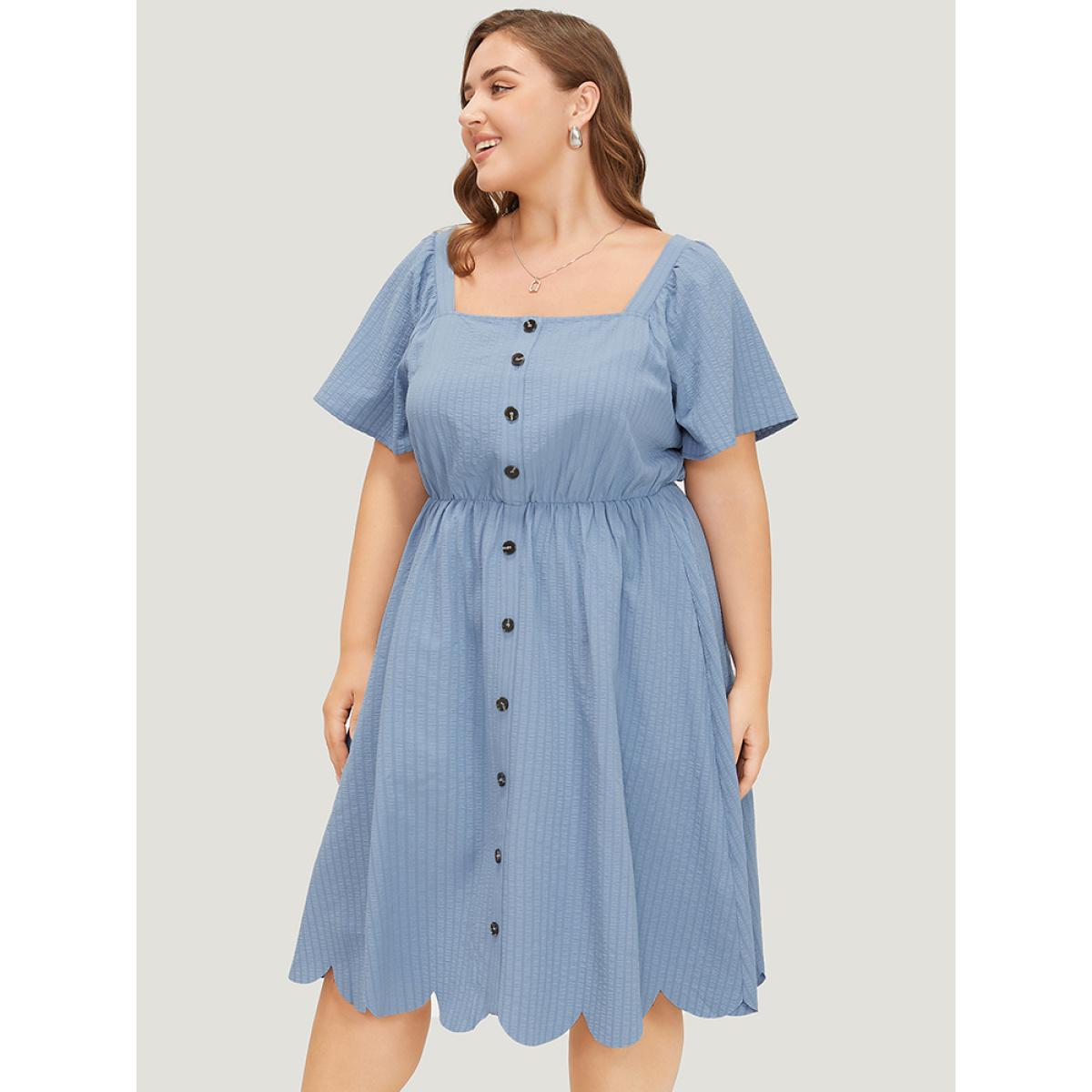Plus Size Plain Textured Ruffle Sleeve Pocket Scalloped Trim Dress Stone Women Office Elastic Waist Square Neck Short sleeve Curvy Knee Dress BloomChic 30/6X Product Image