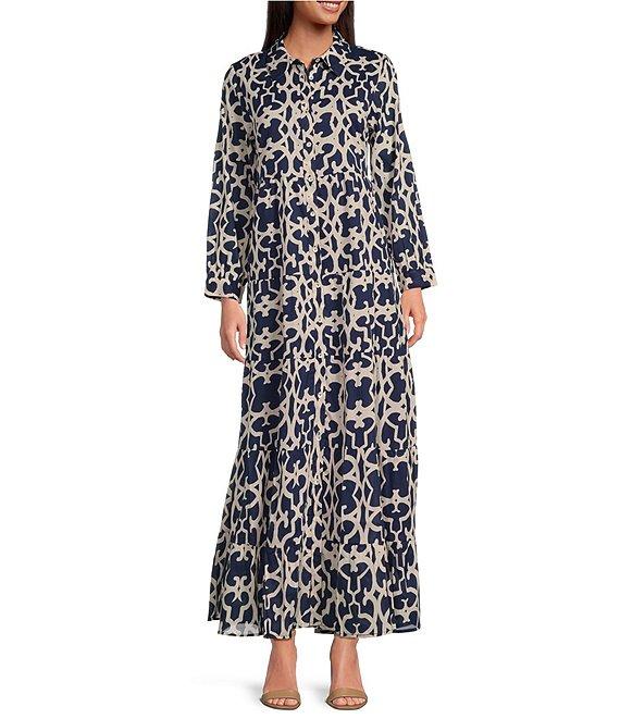 Ro's Garden Jinette Printed Woven Collar Neck Long Sleeve Button Front Tiered Maxi Dress Product Image