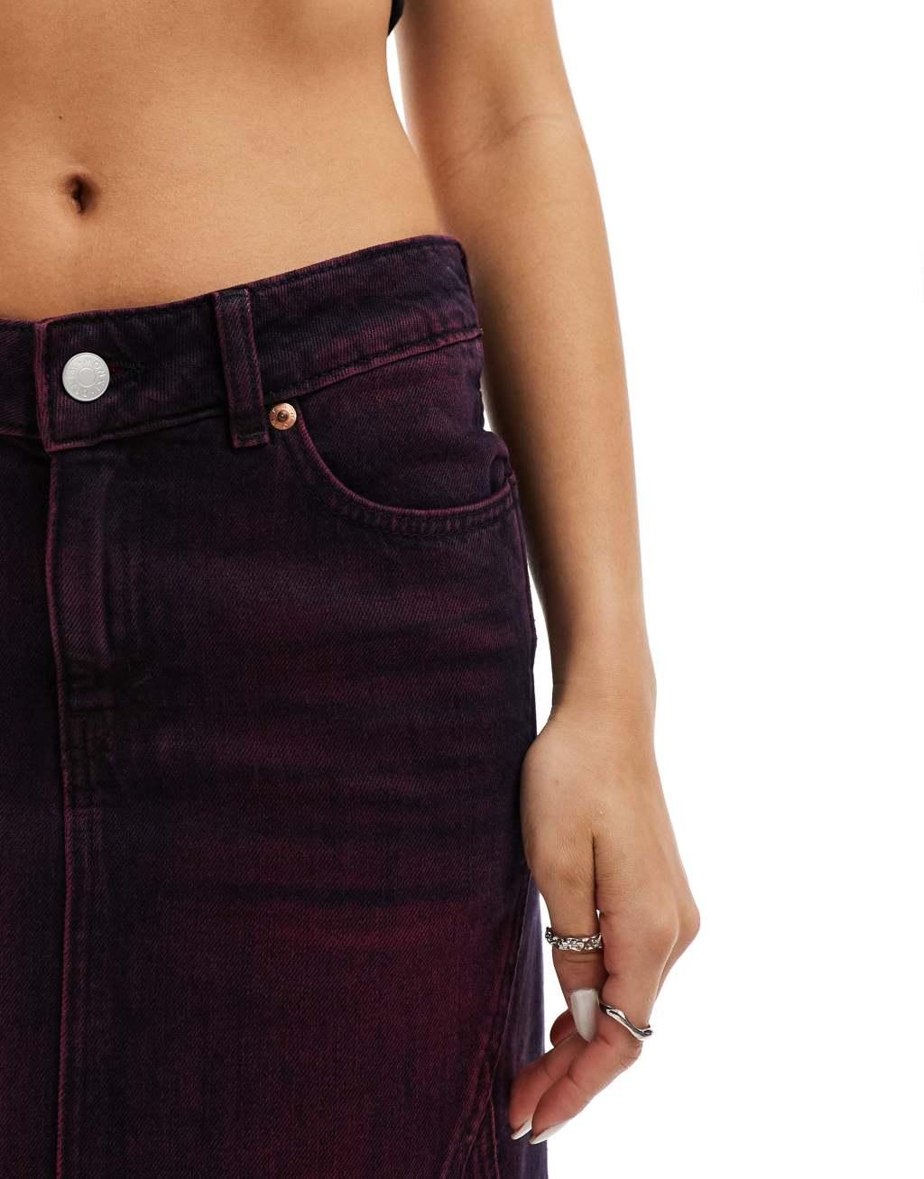 Monki denim column maxi skirt in purple overdye Product Image