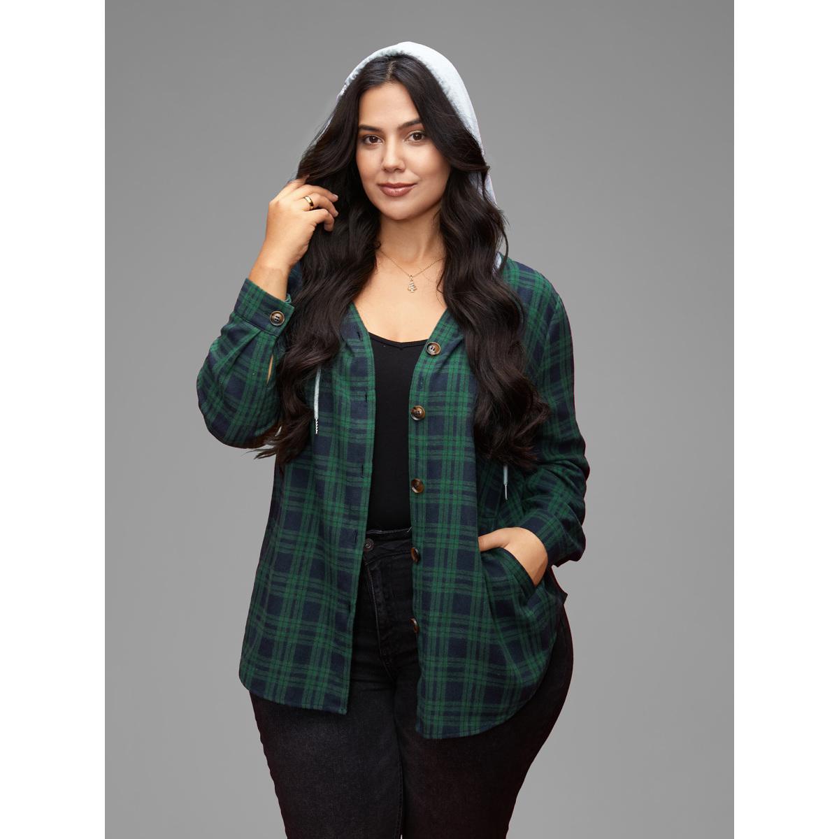 Plus Size Plaid Hooded Drawstring Jacket Women DarkGreen Contrast Slanted pocket Everyday Jackets BloomChic 26/4X Product Image