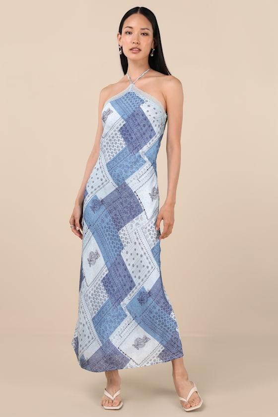 Ellira Blue Patchwork and Paisley Print Halter Maxi Dress Product Image