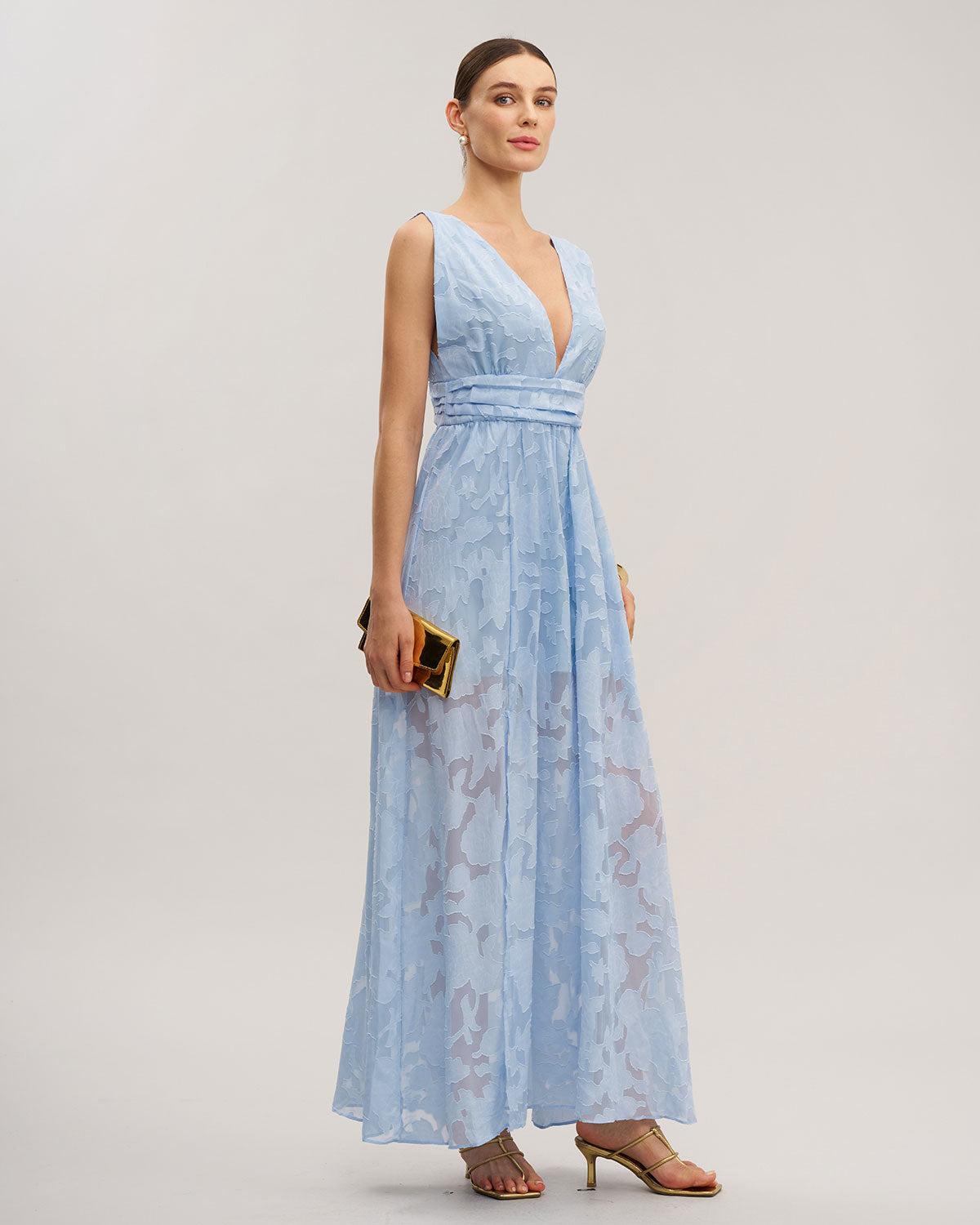 Blue Jacquard Slit Sleeveless Maxi Dress Product Image