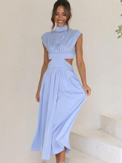 Cutout Mock Neck Sleeveless Ruched Dress Product Image