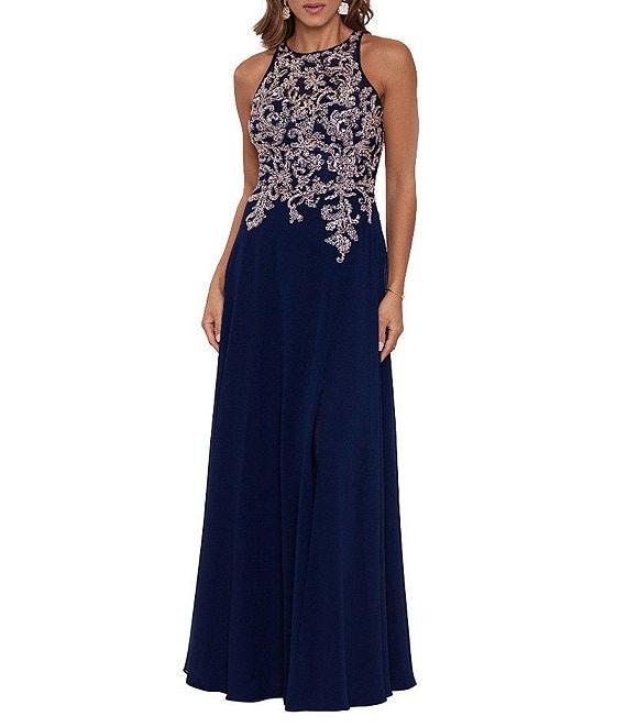 Betsy & Adam Beaded Embroidery Chiffon Halter Neck Keyhole Back Detail Sleeveless Gown Product Image