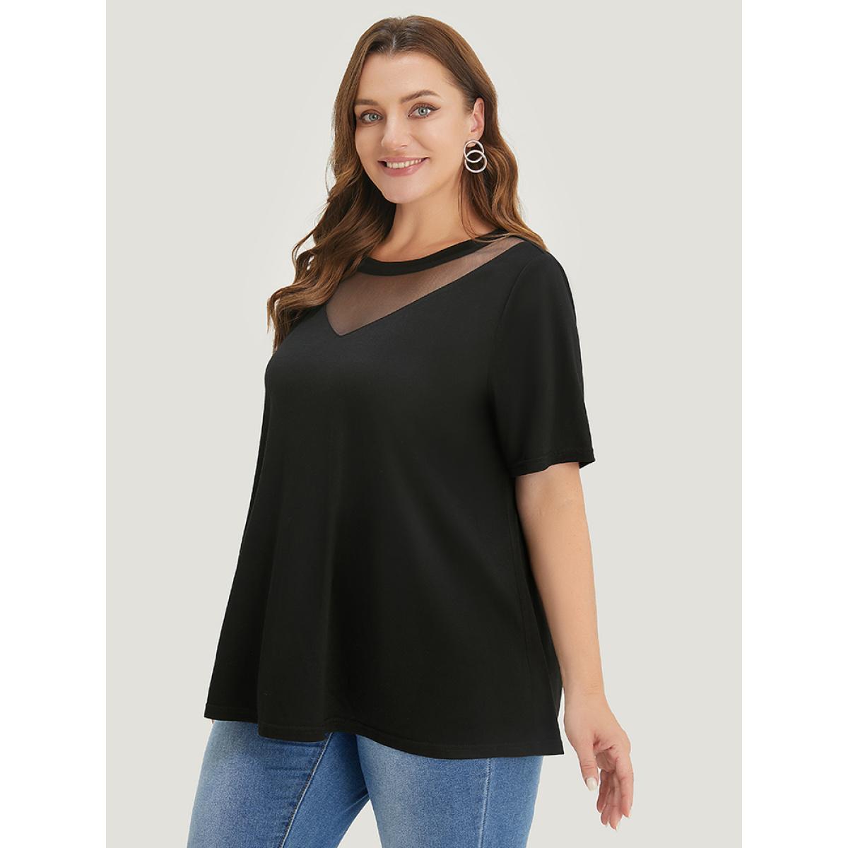 Plus Size Solid Round Neck Mesh Patchwork T-shirt Black Women Elegant See through Plain Round Neck Dailywear T-shirts BloomChic 30/6X Product Image