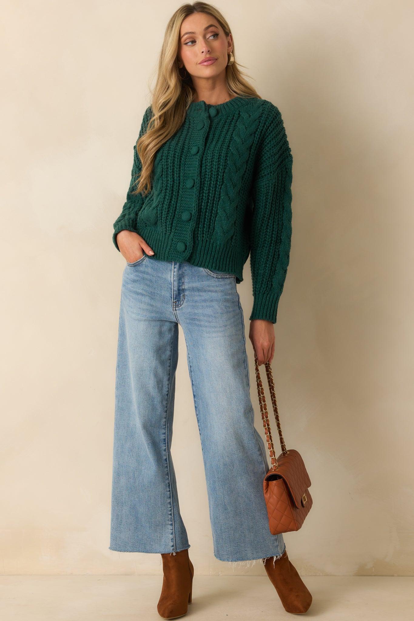 A Look That Lasts Forest Green Cable Knit Button Up Cardigan L / Forest Green Product Image