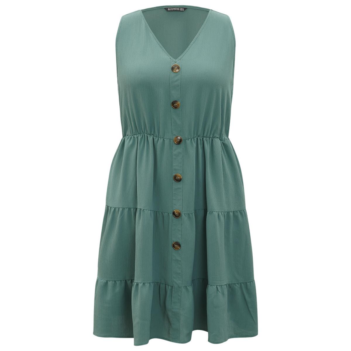 Plus Size Plain Button Detail Ruffle Layered Hem Gathered Tank Dress Teal Women Elegant Patchwork V-neck Sleeveless Curvy Knee Dress BloomChic 14-16/1X Product Image
