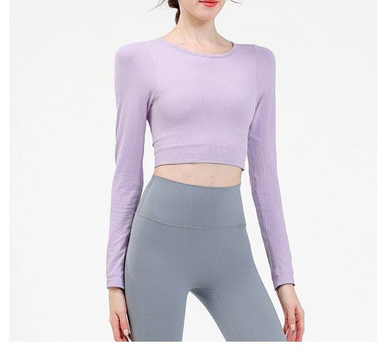 Long-Sleeve Round Neck Plain Crop Yoga T-Shirt Product Image