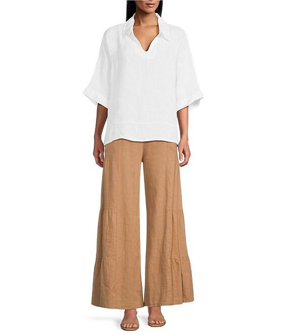 M Made In Italy Linen Johnny Collar Elbow Length Sleeve Cape Shirt Product Image