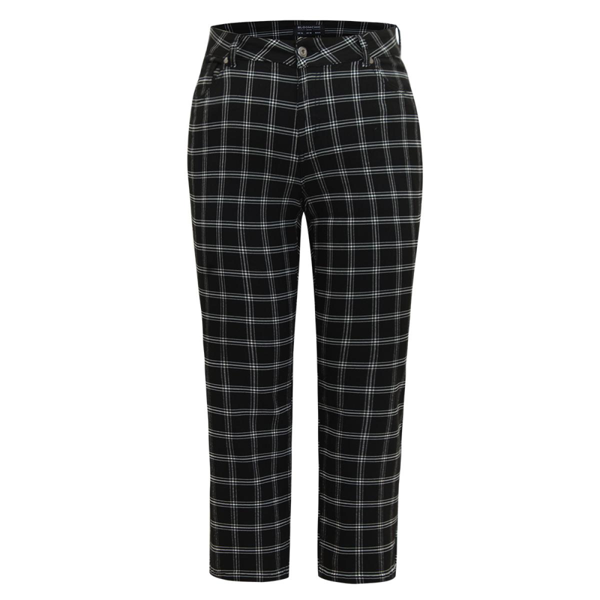 Plus Size Plaid Print Straight Leg Pocket Jeans Women Black Casual Gingham Pocket High stretch Pocket Jeans BloomChic 10/M Product Image