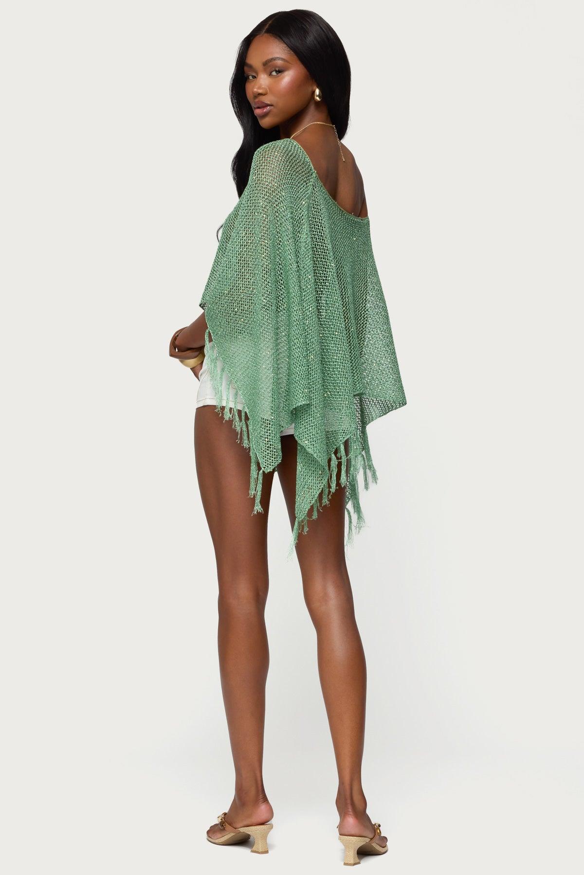 Sequin Fringe Knit Poncho Product Image