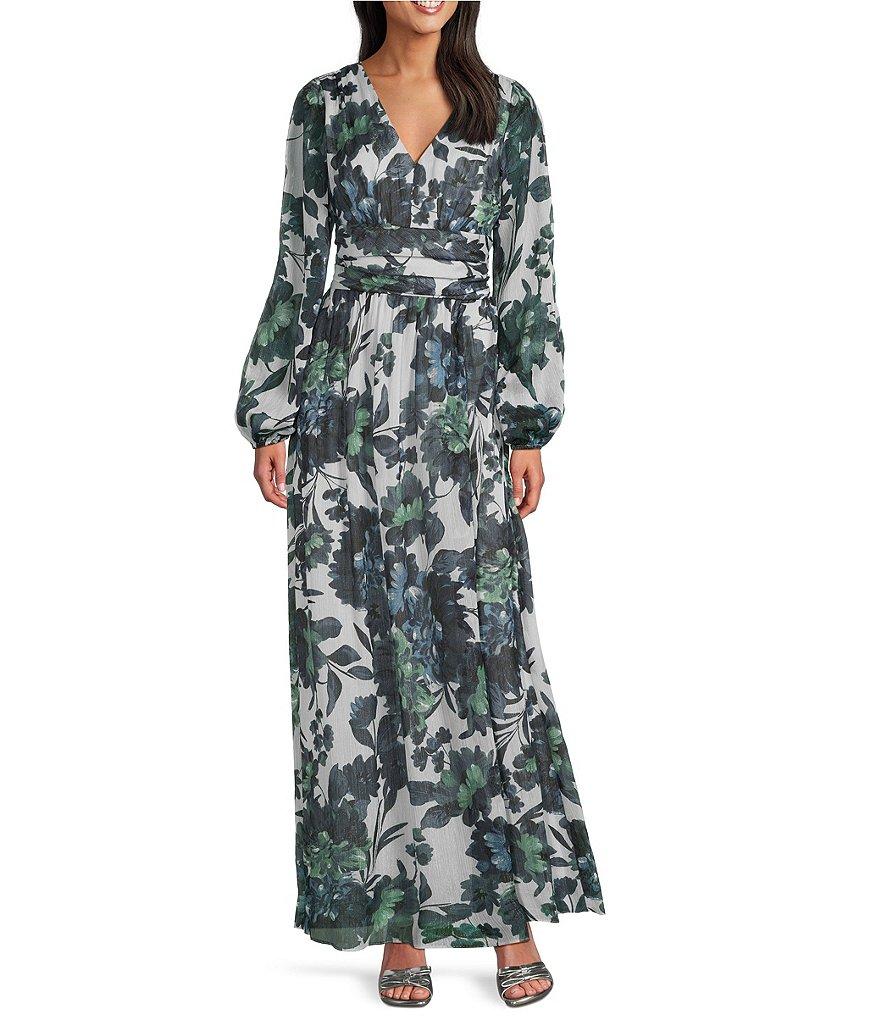 Ignite Evenings Floral Long Illusion Sleeve V-Neck Chiffon Maxi Dress Product Image