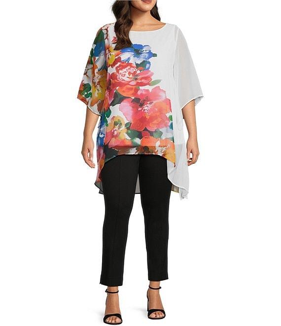 Slim Factor by Investments Plus Size Fragrant Floral Print Boat Neck 3/4 Sleeve Lined Tunic Product Image