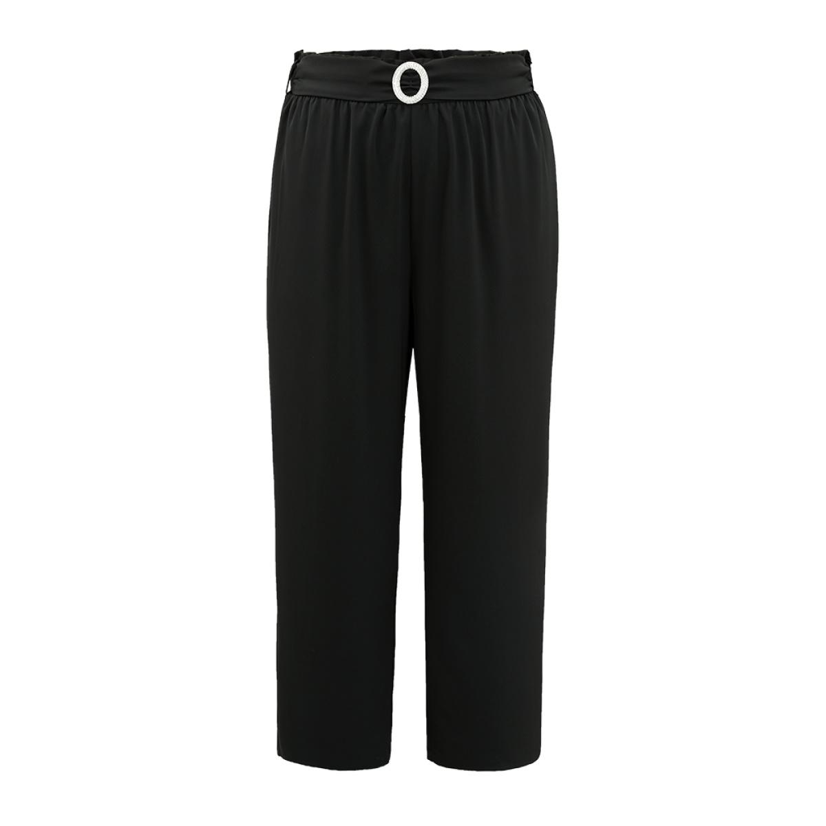 Plus Size Static-Free Solid Glitter Buckle Detail Belted Pants Women Black Office Straight Leg High Rise Office Pants BloomChic 22-24/3X Product Image