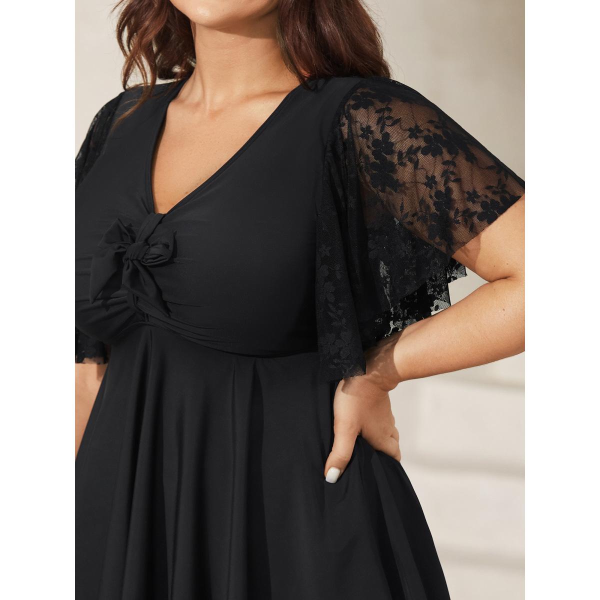 Plus Size Knotted Lace Sheer Sleeve Swim Top Women's Swimwear Black Resort Tie knot High stretch Bodycon V-neck Curve Swim Tops BloomChic 22-24/3X Product Image