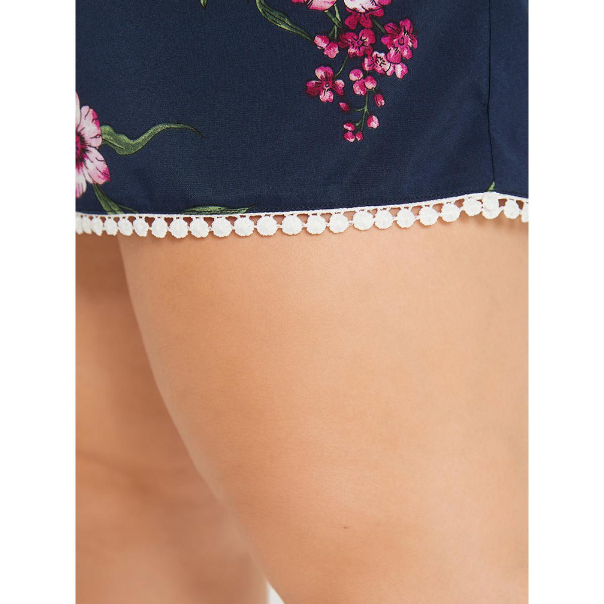 Plus Size DarkBlue Floral Print Overlap Collar Contrast Trim Pocket Jumpsuit Women Vacation Elbow-length sleeve V-neck Dailywear Loose Jumpsuits BloomChic 18-20/2X Product Image