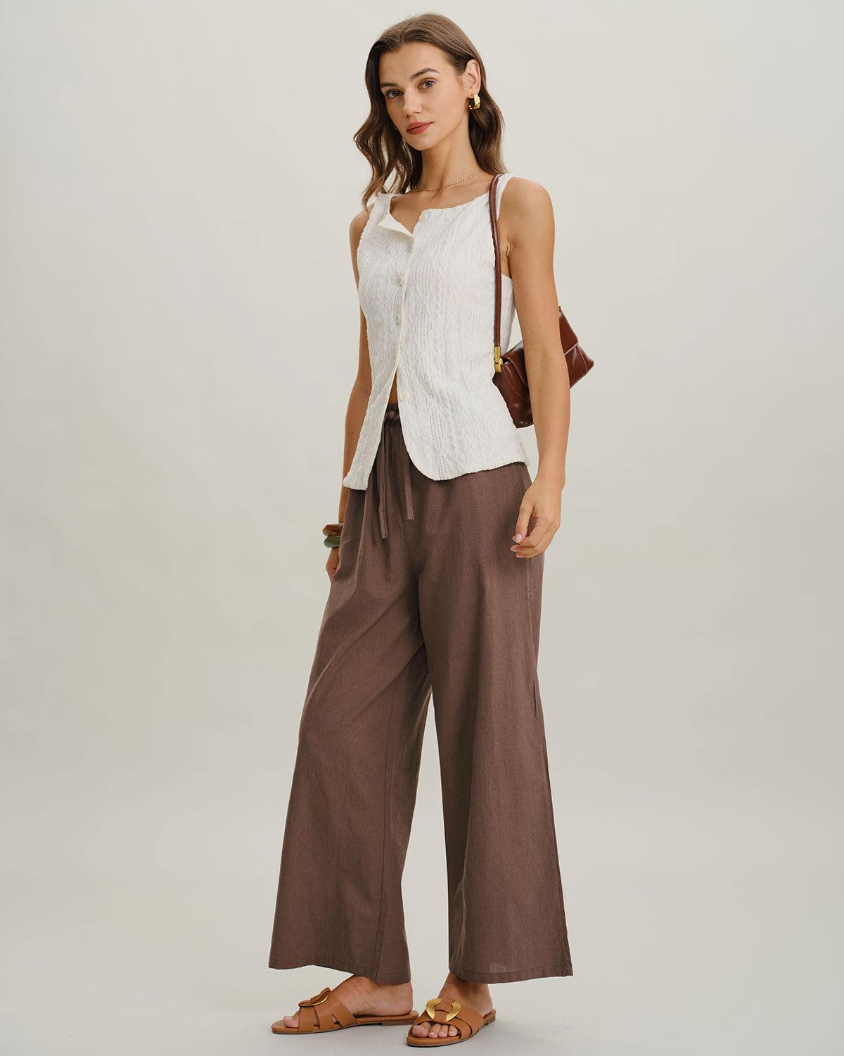 Coffee Elastic Waist Wide Leg Pants Product Image