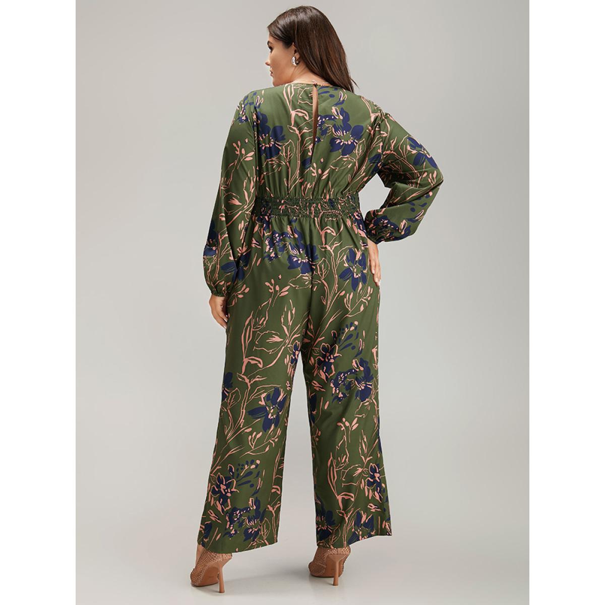 Plus Size Moss Silhouette Floral Print Shirred Elastic Cuffs Jumpsuit Women Resort Long Sleeve V-neck Vacation Loose Jumpsuits BloomChic 12/L Product Image