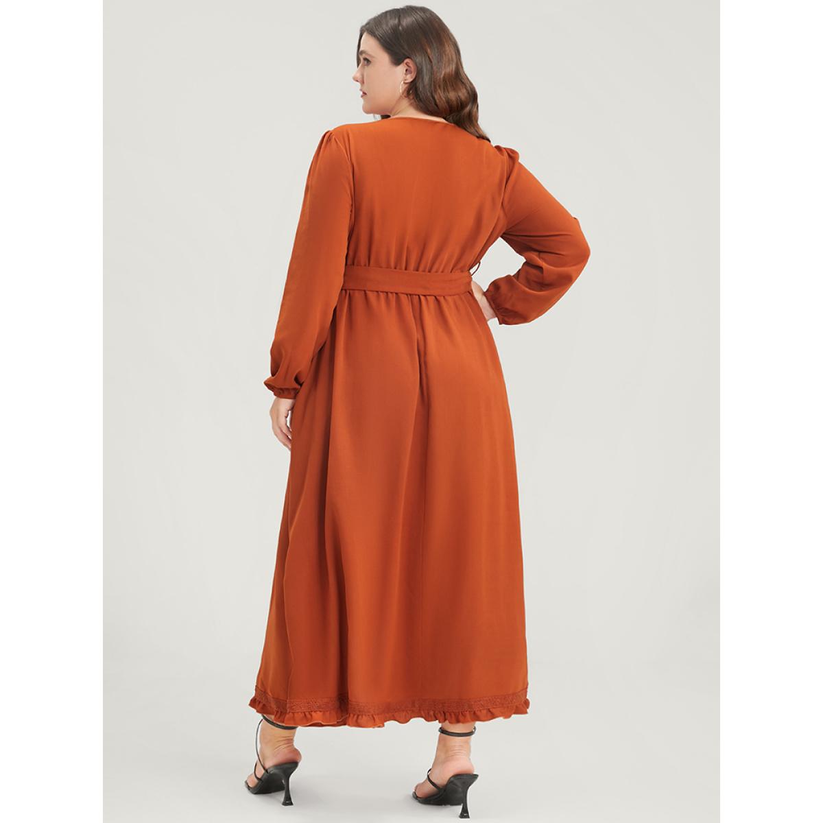 Plus Size Solid Lantern Sleeve Pocket Frill Trim Wrap Belted Dress Rust Women Elegant Plain V-neck Long Sleeve Curvy Long Dress BloomChic 18-20/2X Product Image