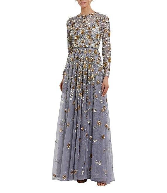 Mac Duggal Floral Beaded Crew Neck Long Sleeve Pleated Chiffon Gown Product Image