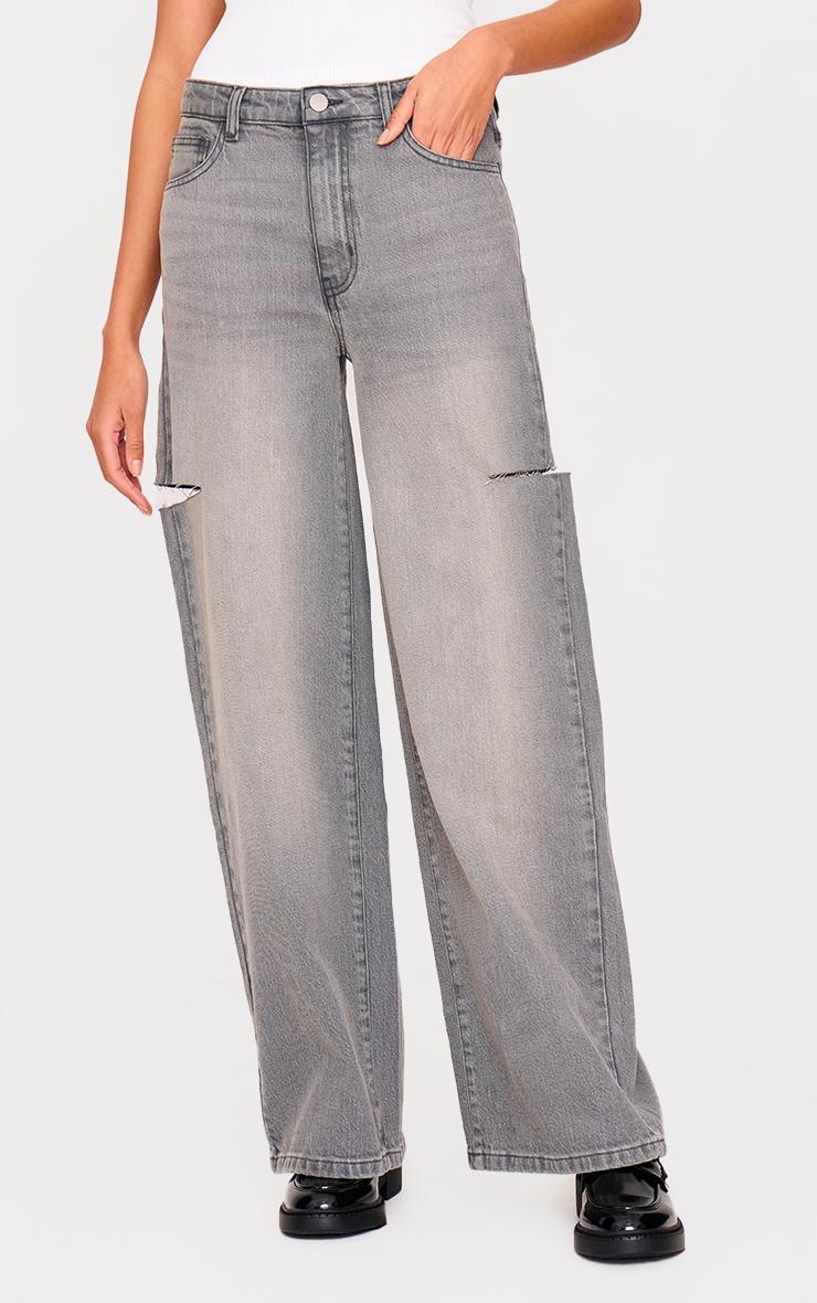 Washed Grey Thigh Split Wide Leg Style Jeans Product Image