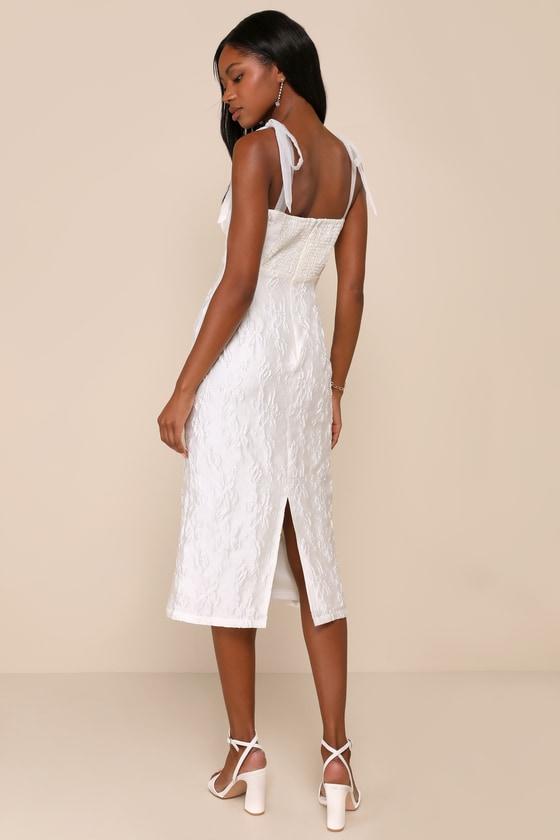 Gorgeous Persona White Satin Jacquard Tie-Strap Midi Dress Product Image