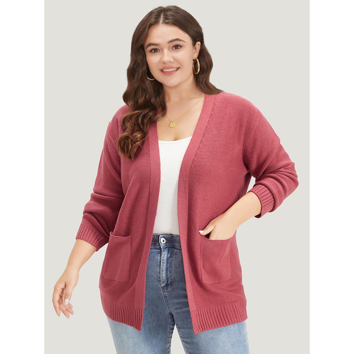 Plus Size Solid Patched Pocket Open Front Long Sleeve Cardigan Russet Women Casual Loose Long Sleeve Everyday Cardigans BloomChic 22-24/3X Product Image