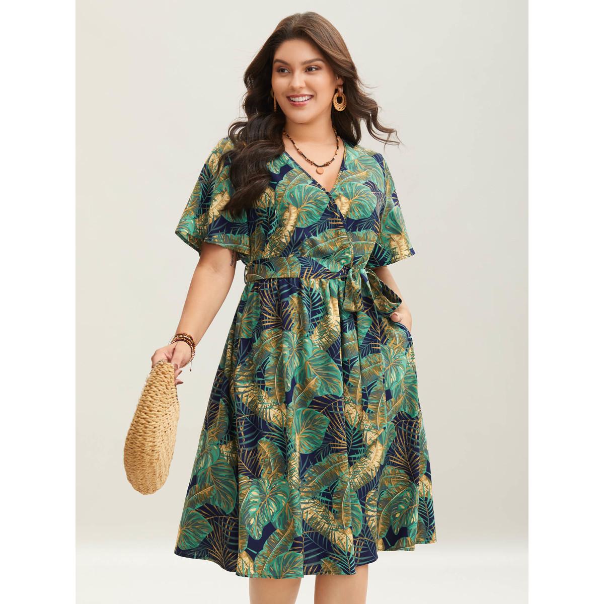 Plus Size Tropical Print Belted Pocket Midi Dress Navy Women Resort Overlap Collar Short sleeve Curvy BloomChic 26/4X Product Image