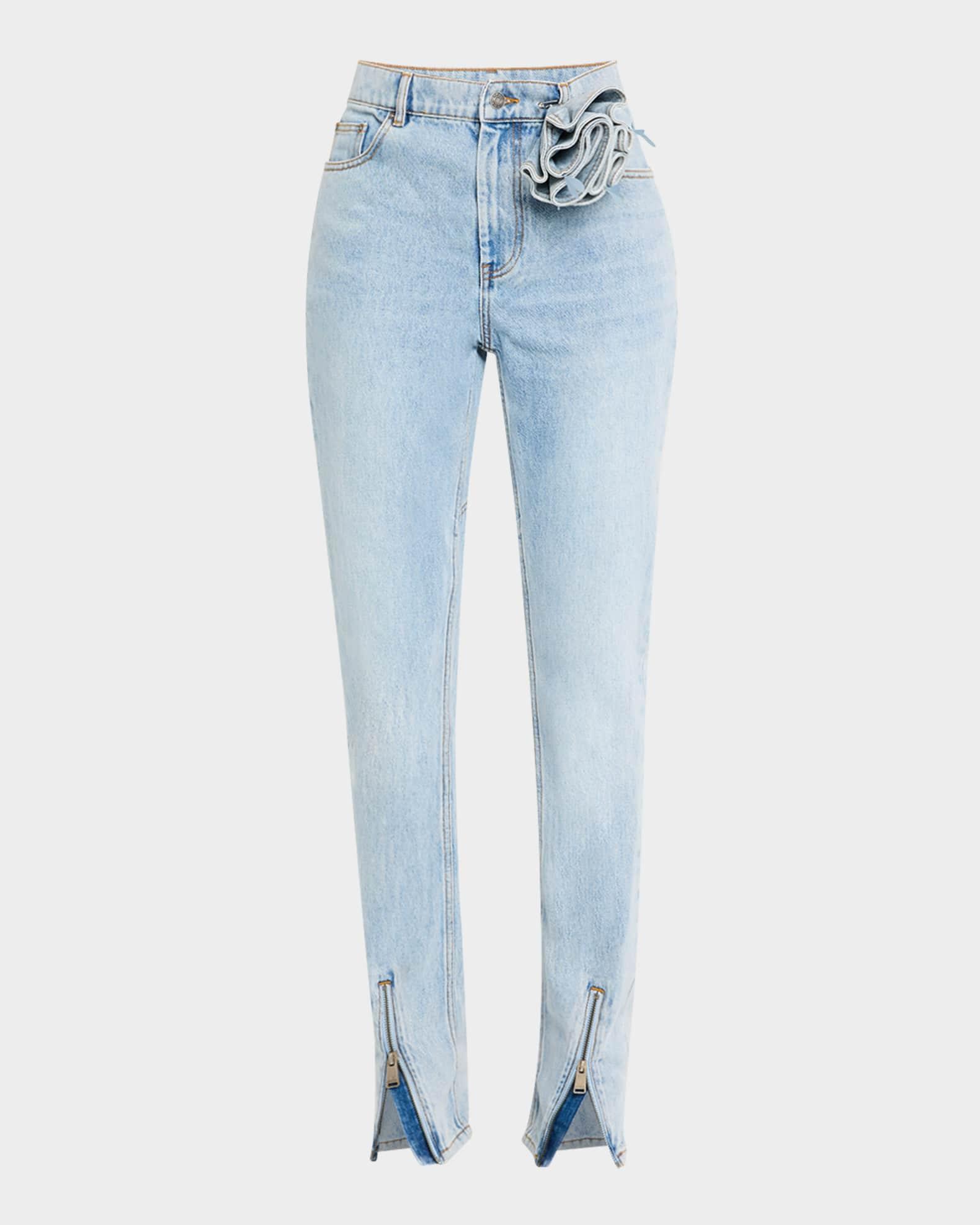 Flower Corsage Zip-Hem Skinny-Leg Jeans Product Image