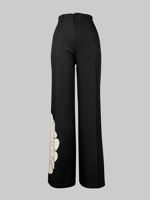 High Waisted Straight Leg Asymmetric Floral Printed Split-Joint Suit Pants Product Image