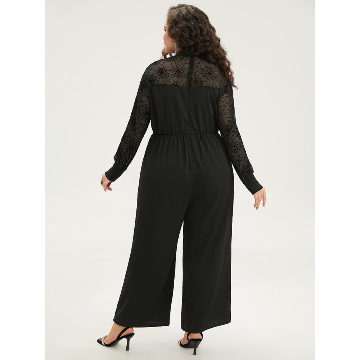 Plus Size Black Halloween Anti-Wrinkle Spider Web Crochet Lace Mesh Jumpsuit Women Glamour Long Sleeve Mock Neck Festival-Halloween Loose Jumpsuits BloomChic 14-16/1X Product Image