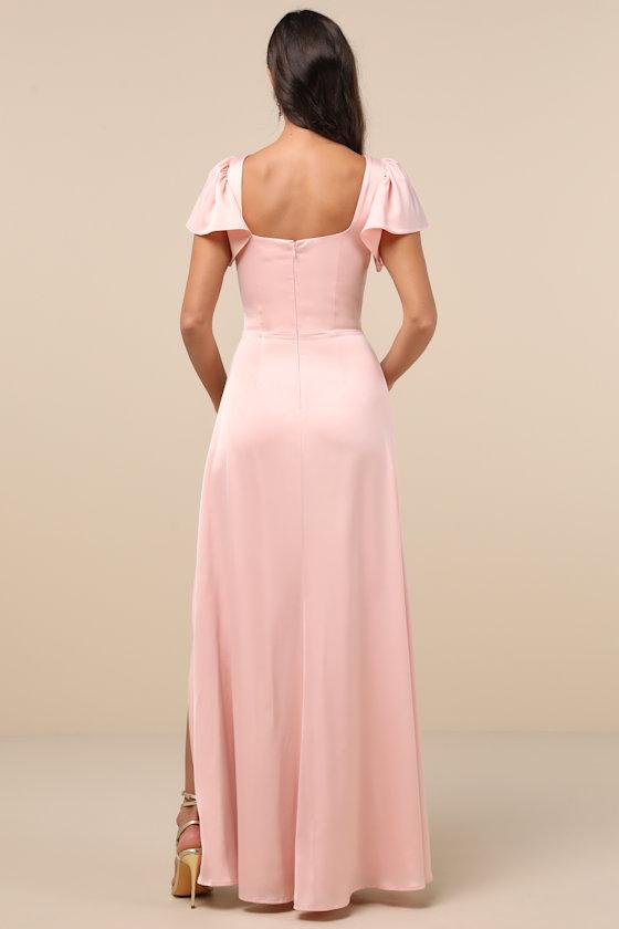 Ultimate Sweetness Light Pink Satin Flutter Sleeve Maxi Dress Product Image
