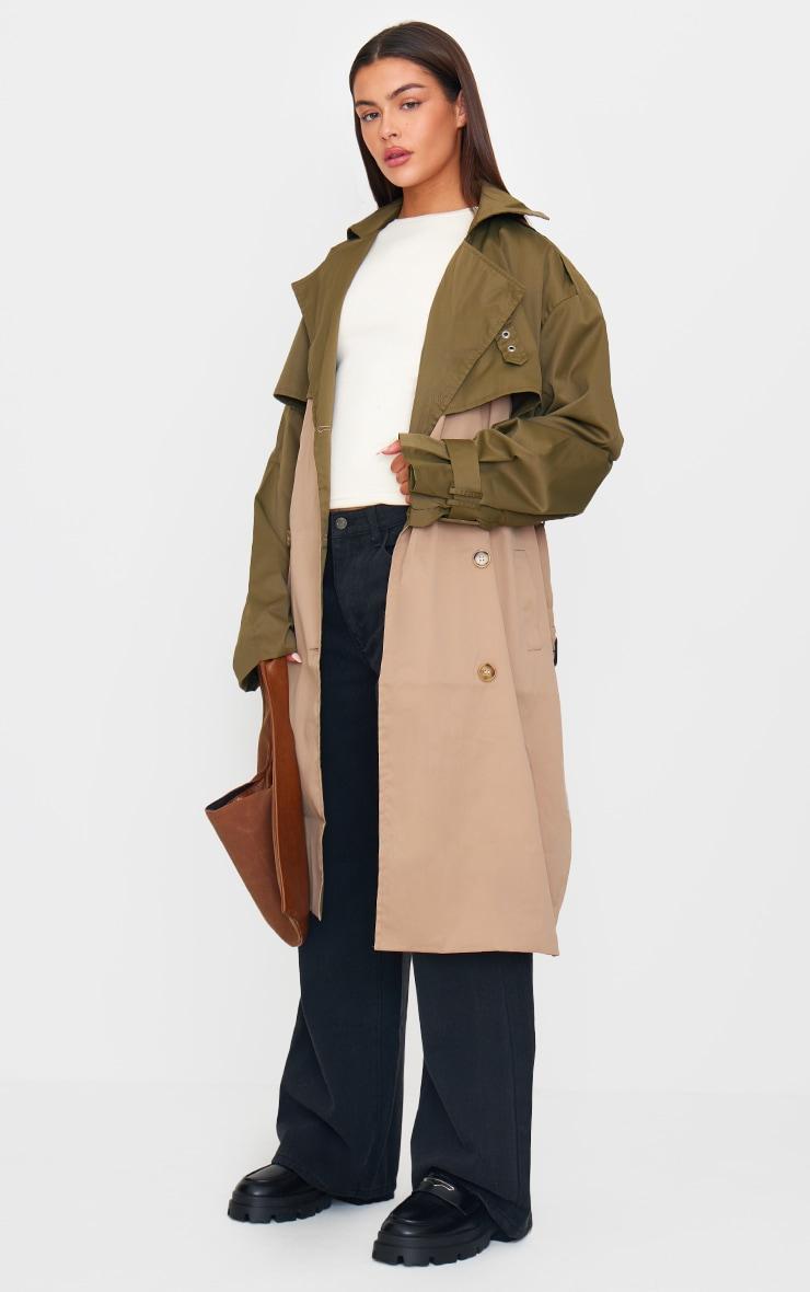 Khaki Contrast Oversized Belted Midi Trench Coat Product Image