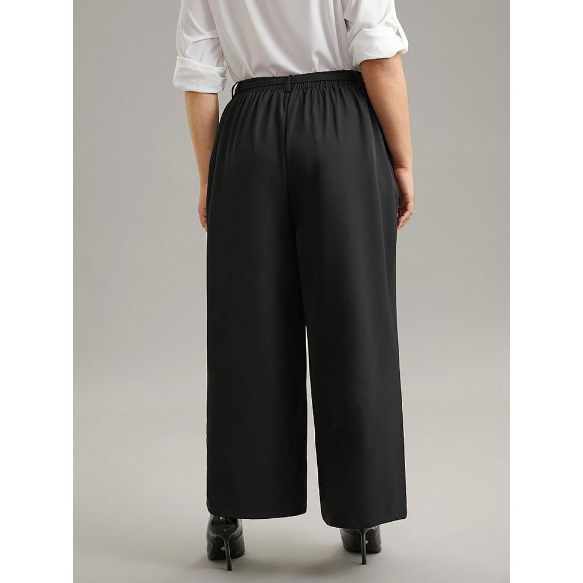 Plus Size Static-Free Elastic Waist Chain Belted Pleated Pants Women Black Office Straight Leg High Rise Office Pants BloomChic 22-24/3X Product Image