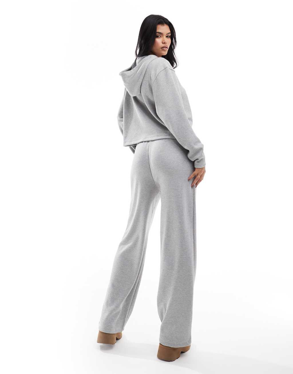 ASOS DESIGN lounge glitter waffle hoodie & wide leg pants set in gray Product Image