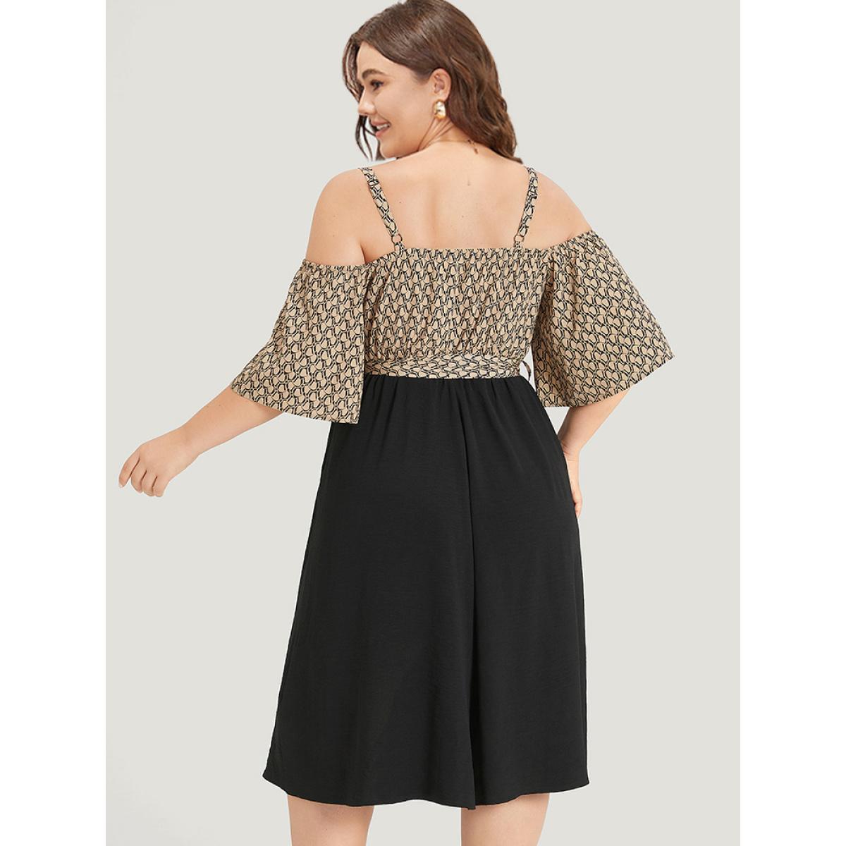 Plus Size Geometric Patchwork Pocket Belted Cold Shoulder Dress Tan Women Office Adjustable Straps Keyhole Cut-Out Half Sleeve Curvy Knee Dress BloomChic 14-16/1X Product Image