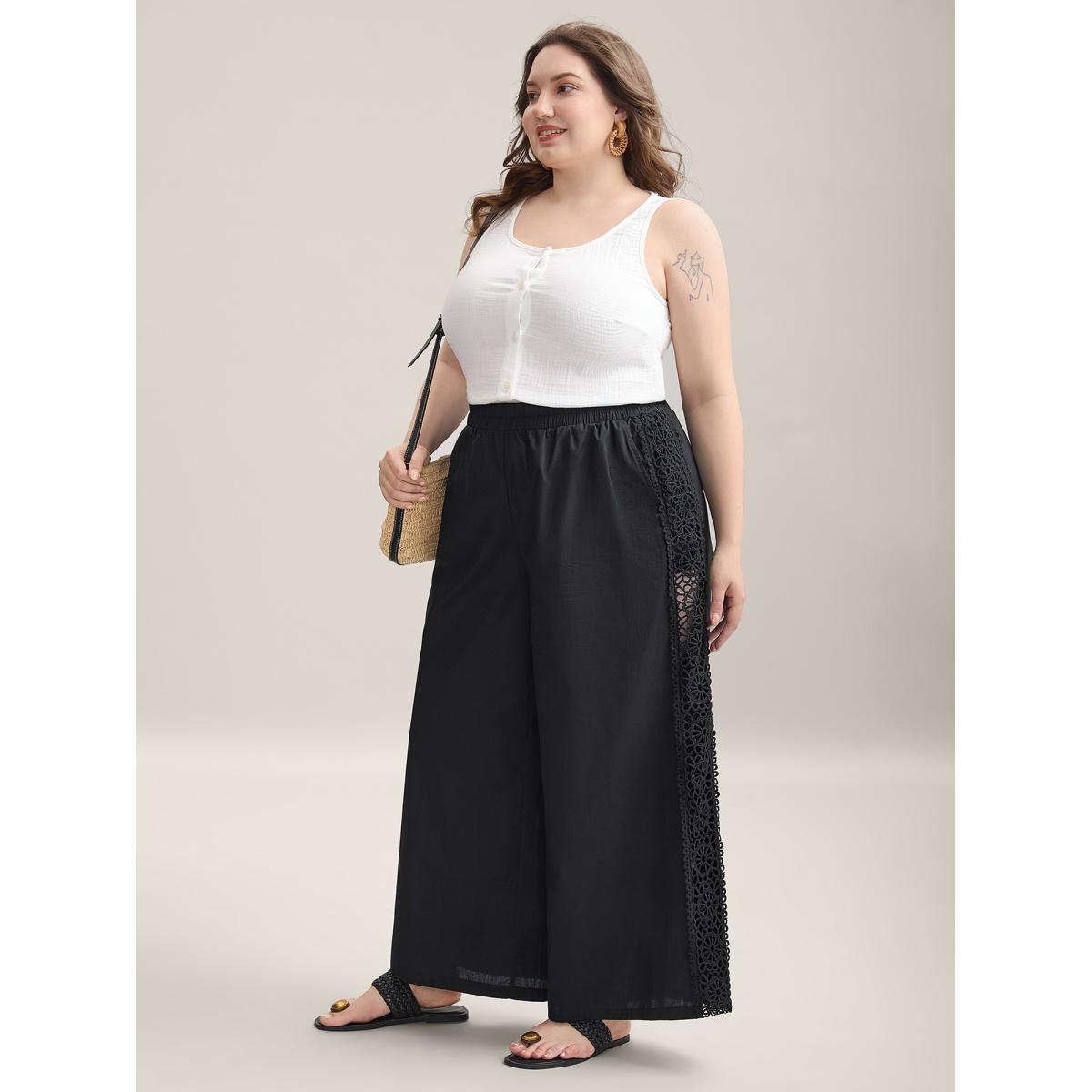 Plus Size Cotton Side Lace Wide-Leg Pants Women Black Resort Wide Leg Mid Rise Vacation Pants BloomChic 14-16/1X Product Image