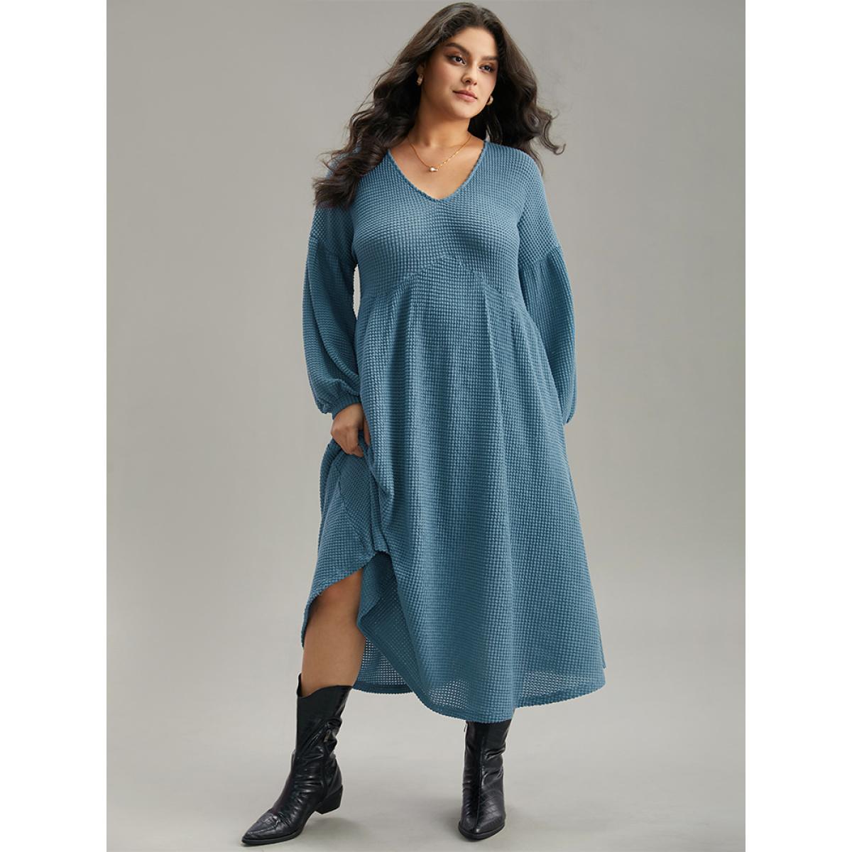 Plus Size Solid Waffle Knit Pocket Lantern Sleeve Dress Aegean Women Casual Texture V-neck Long Sleeve Curvy Midi Dress BloomChic 22-24/3X Product Image