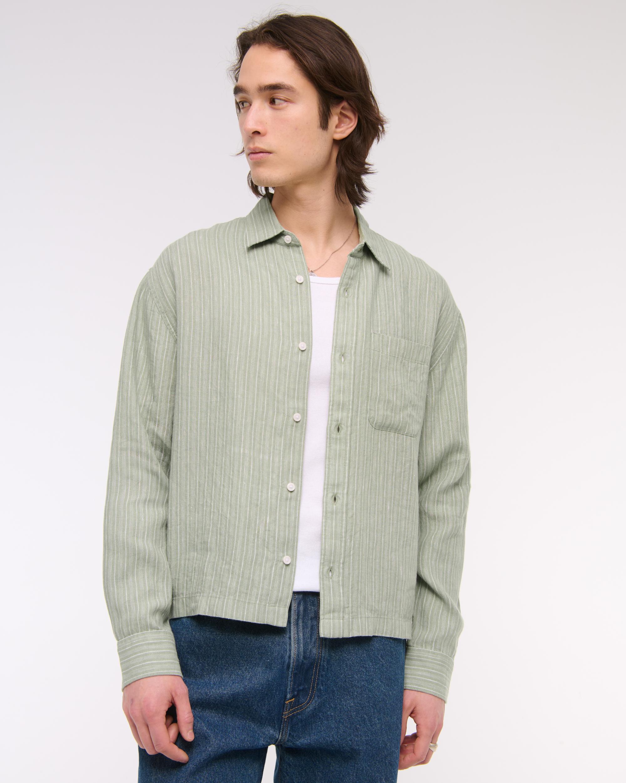 Cropped Linen Button-Up Shirt Product Image