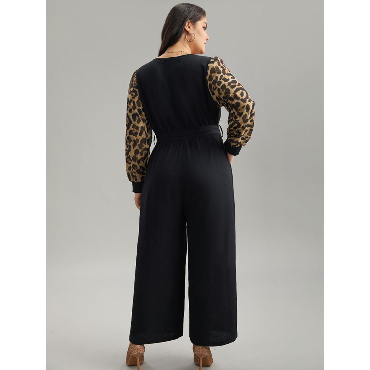 Plus Size Black Leopard Patchwork Wrap Buckle Detail Belted Jumpsuit Women Glamour Long Sleeve V-neck Going out Loose Jumpsuits BloomChic 28/5X Product Image