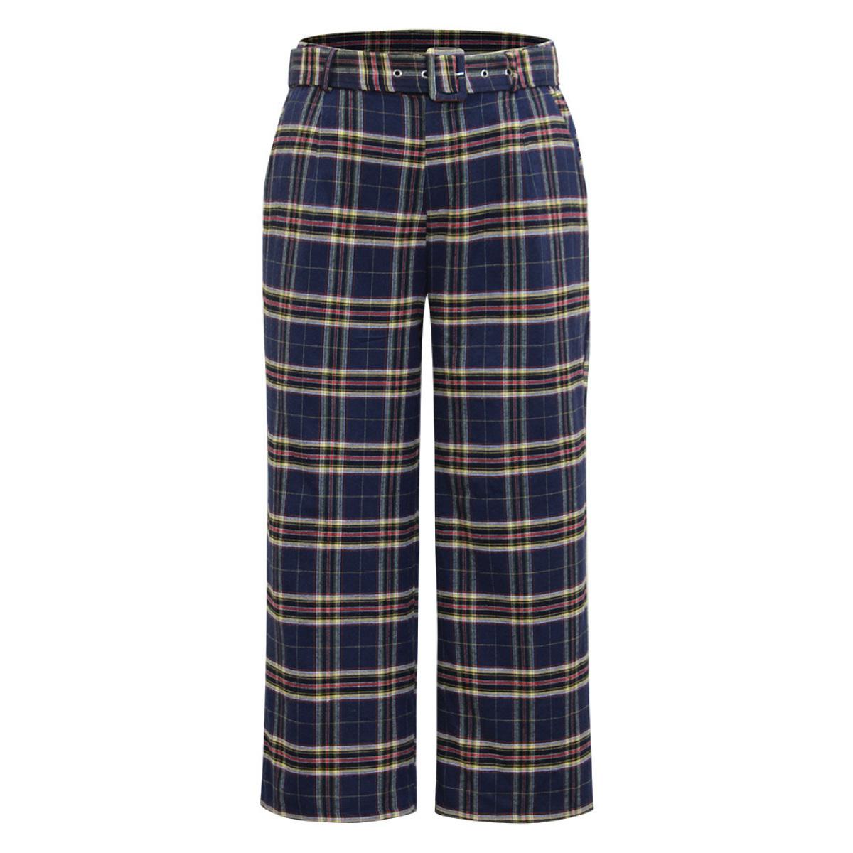 Plus Size Plaid Pocket Eyelet Belted Straight Leg Pants Women Indigo Office Straight Leg High Rise Office Pants BloomChic 28/5X Product Image