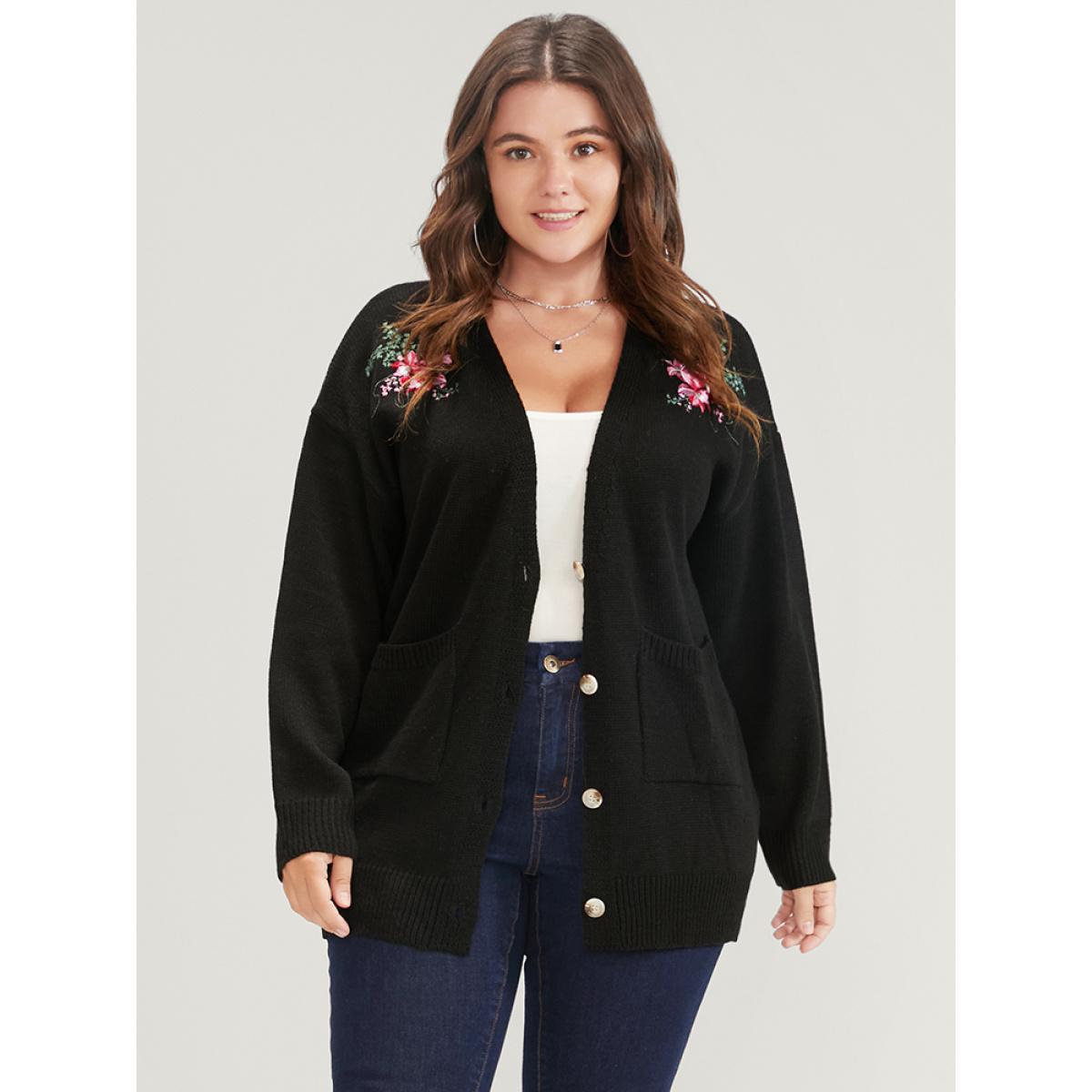 Plus Size Floral Embroidered Pointelle Knit Pocket Button Front Cardigan Black Women Elegant Long Sleeve Dailywear Cardigans BloomChic 18-20/2X Product Image